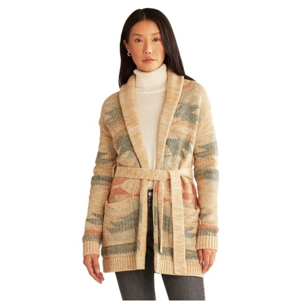 Pendleton Cream Multicolor Knit Belted Cardigan